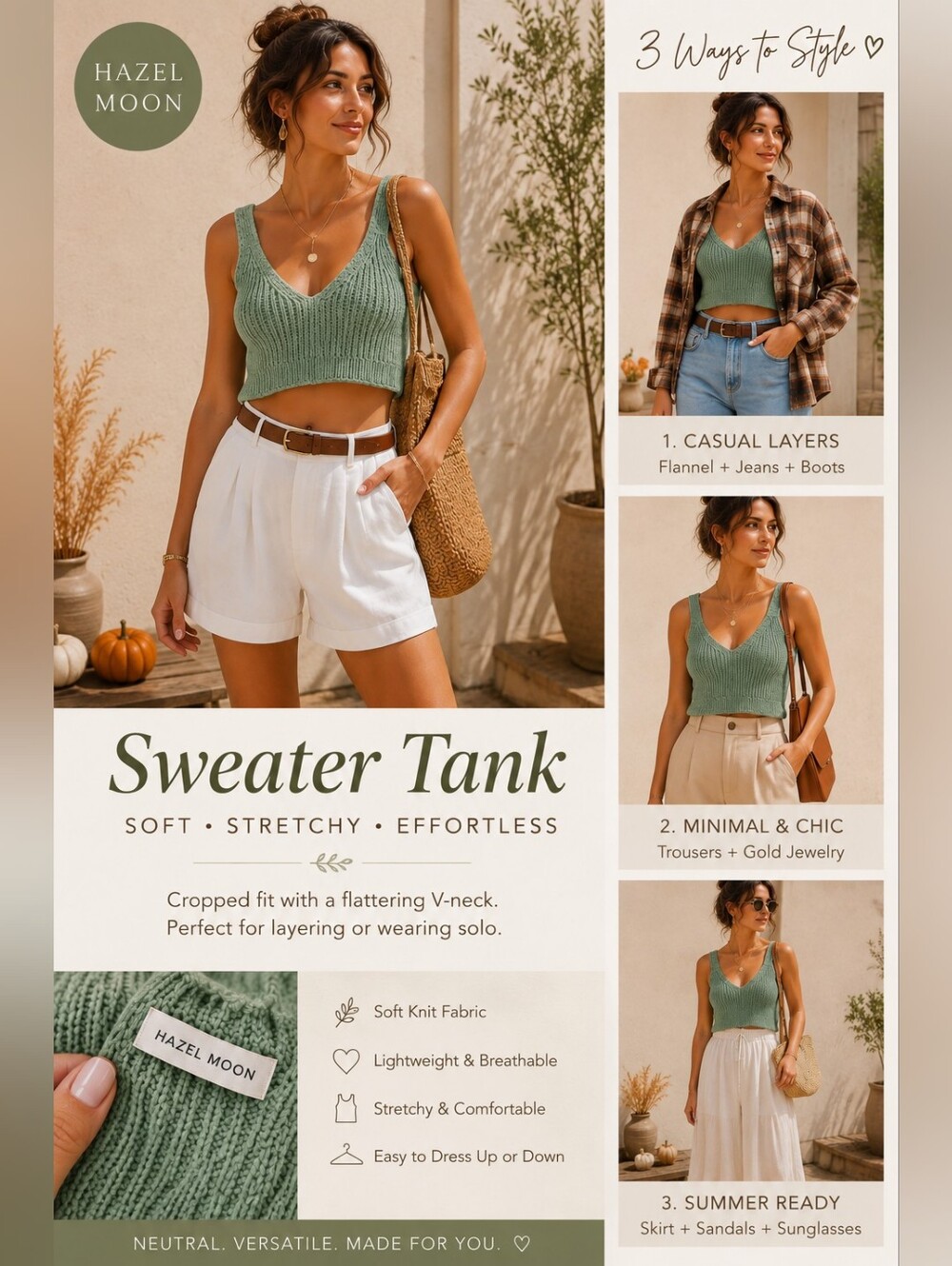 Hazel Moon Sage Green Knit Sweater Tank Size Large Cropped Boho Fall Layering